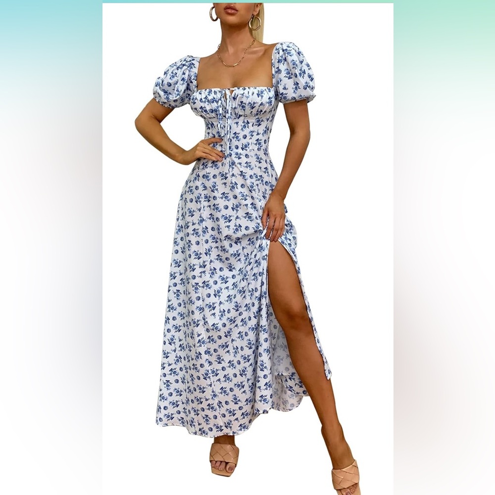 Women's Summer Puff Sleeve Floral Split Maxi Dress